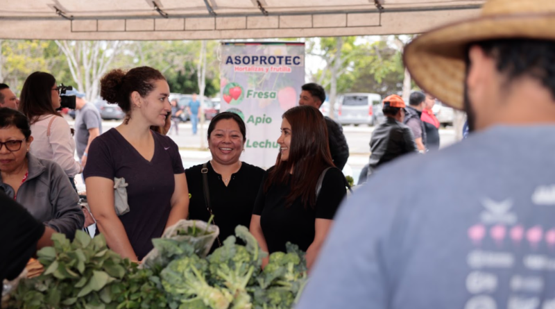 Productores y visitantes en un puesto de verduras de la Feria del Agricultor.