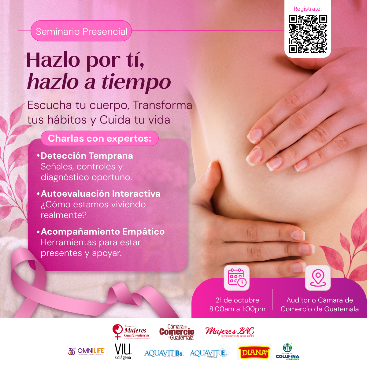 Afiche con los temas del seminario: detección temprana, autoevaluación de hábitos y acompañamiento empático.