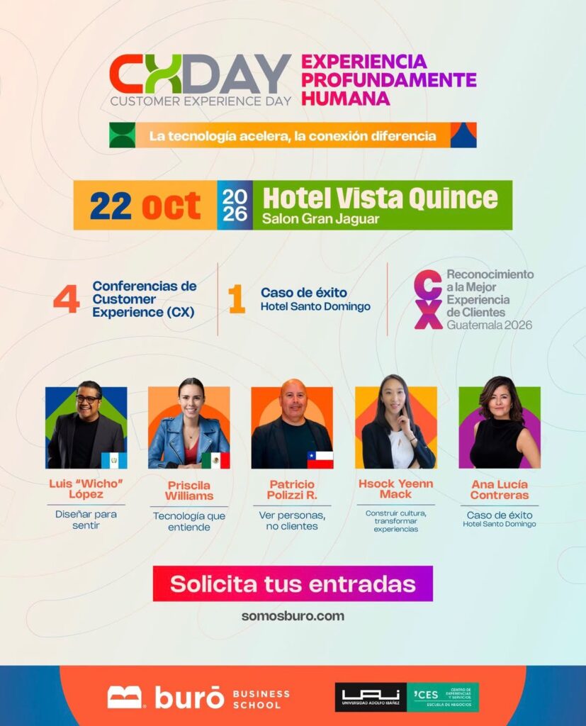 Afiche oficial de CXDay Guatemala 2026, el 22 de octubre en Hotel Vista Quince, salón Gran Jaguar.