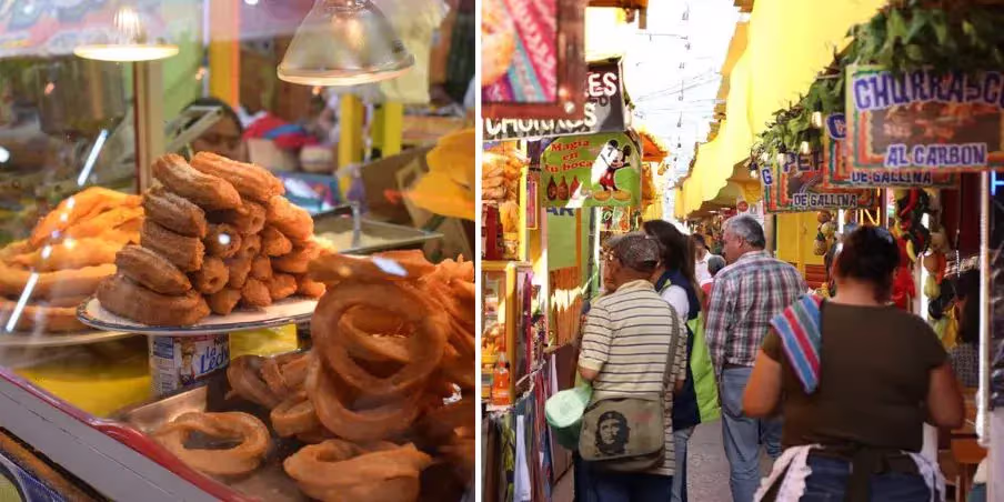 Antojitos y visitantes de la feria del Rosario en el Centro Histórico.